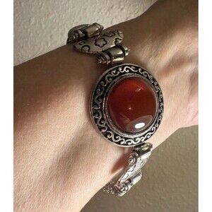 Natural Carnelian Stone 7-1/2” Bracelet Silvertone Fold Over Clasp